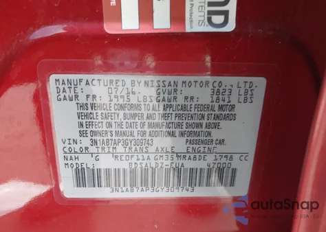 2016 Nissan Sentra Sv z USA, uszkodzony, nr VIN 3N1AB7AP3GY309743